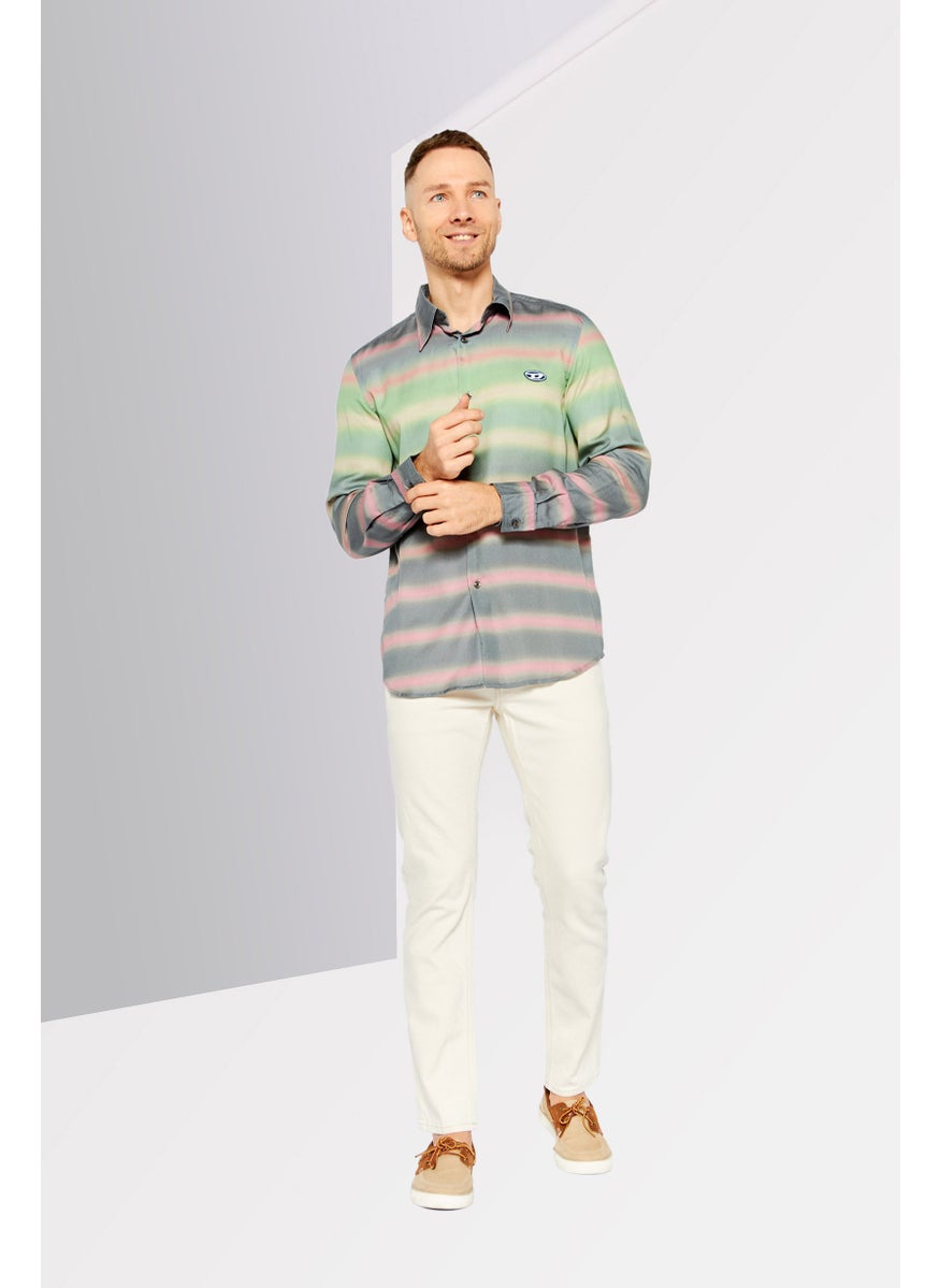 Men Regular Fit Long Sleeve Stripe Casual Shirts, Grey