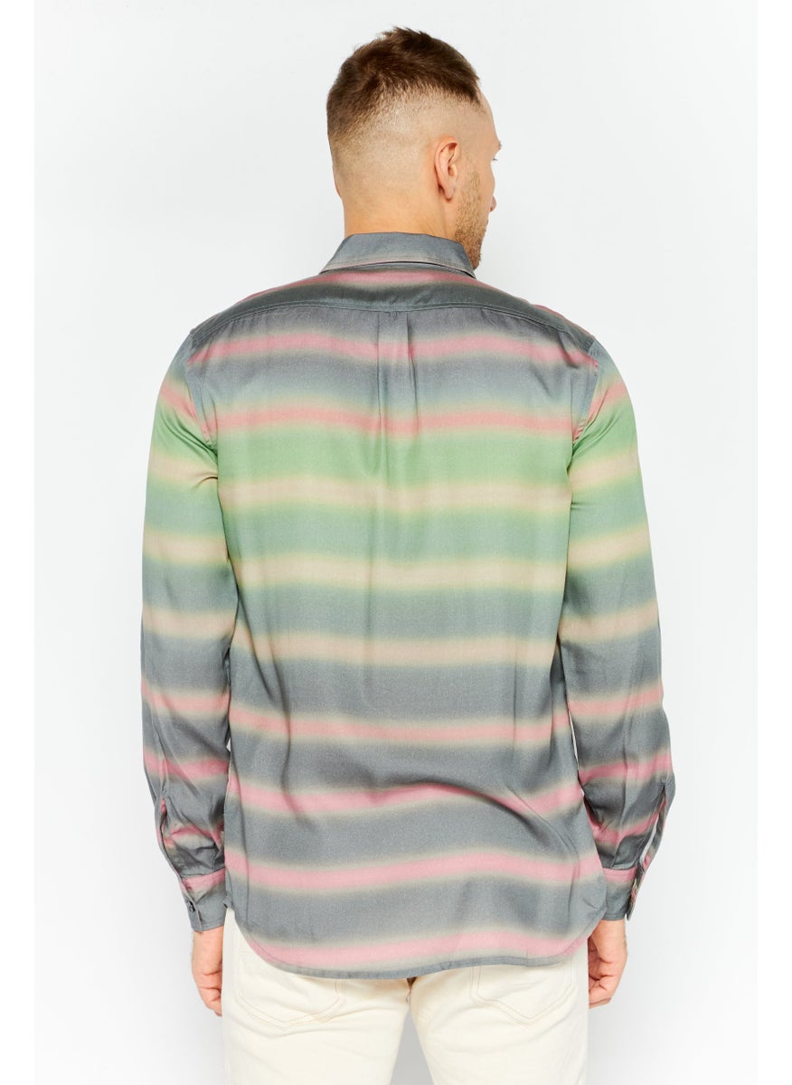 Men Regular Fit Long Sleeve Stripe Casual Shirts, Grey