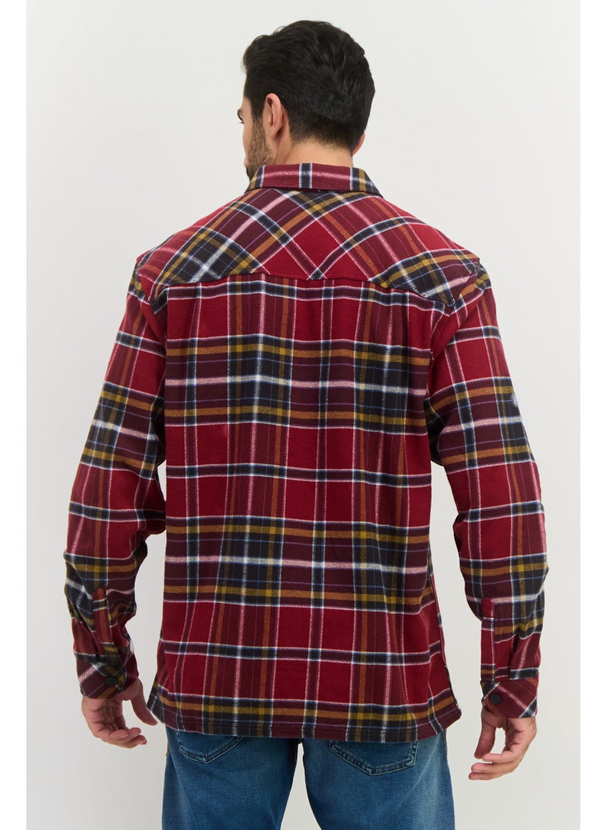 Men Regular Fit Plaid Long Sleeves Casual Shirt, Maroon Cambo