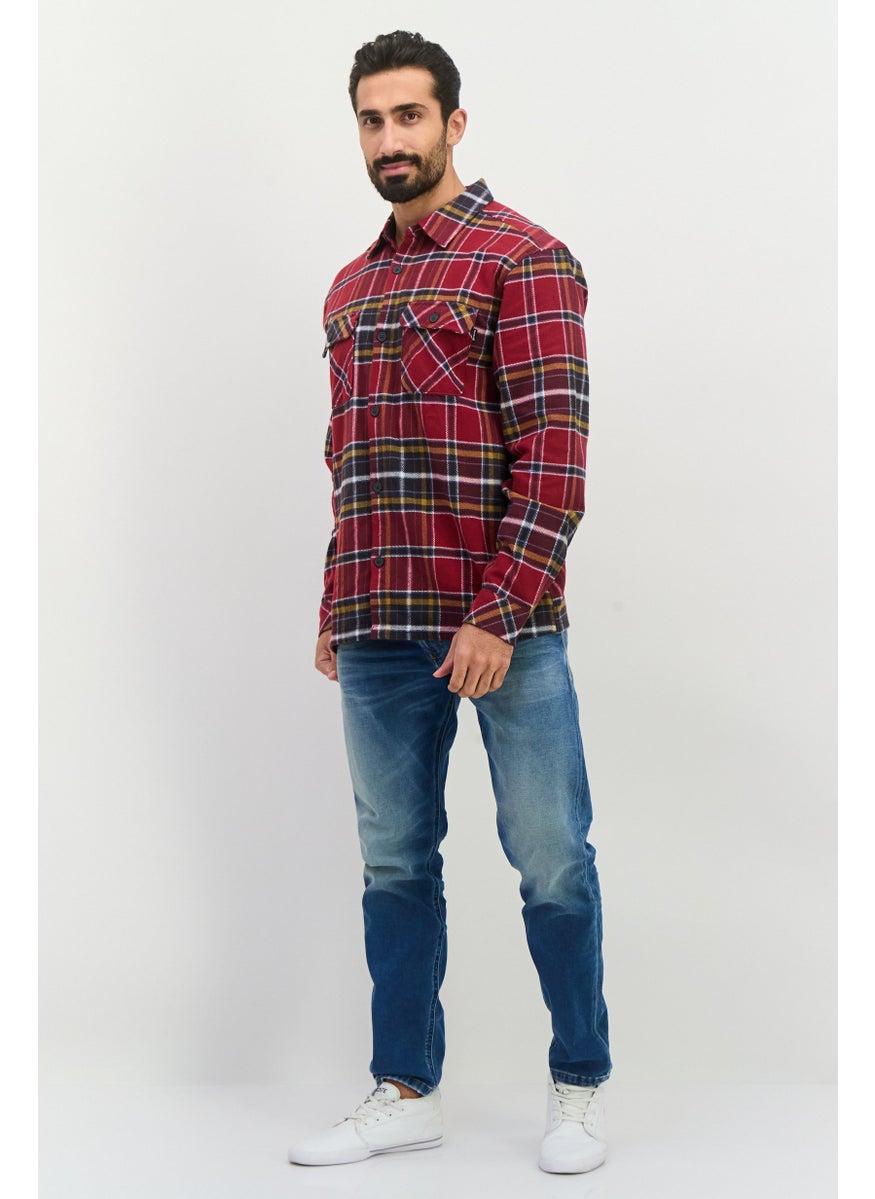 Men Regular Fit Plaid Long Sleeves Casual Shirt, Maroon Cambo