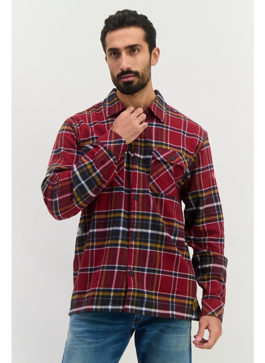 Men Regular Fit Plaid Long Sleeves Casual Shirt, Maroon Cambo