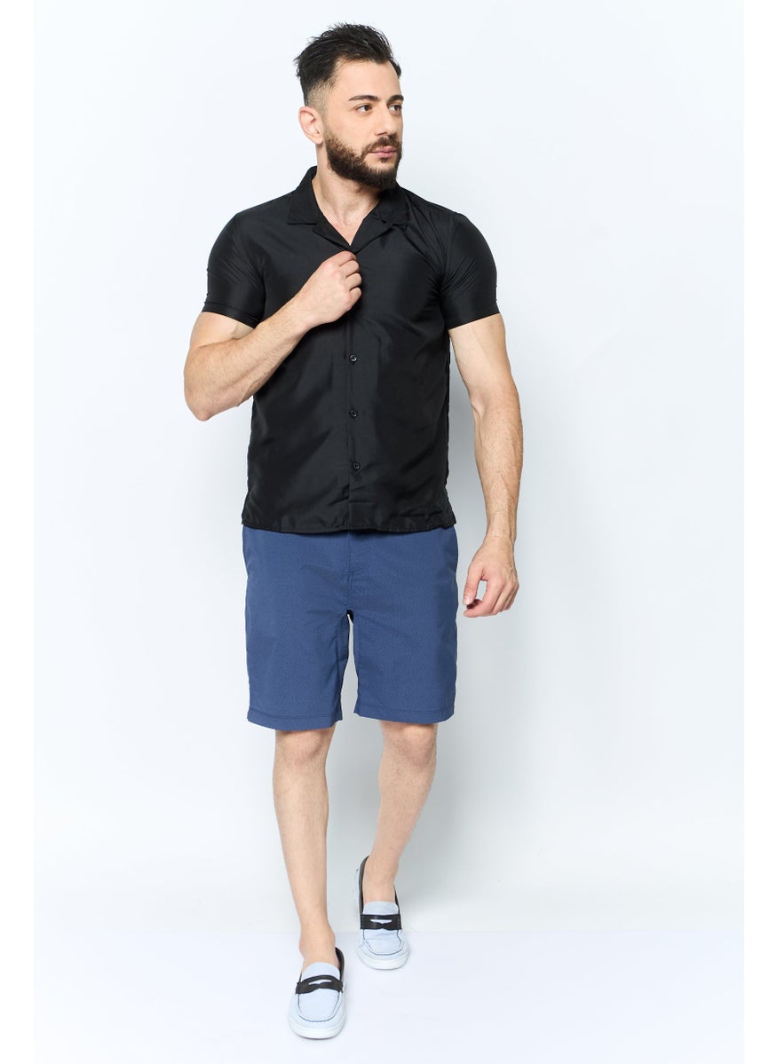 Men Regular Fit Plain Short Sleeve Casual Shirts, Black
