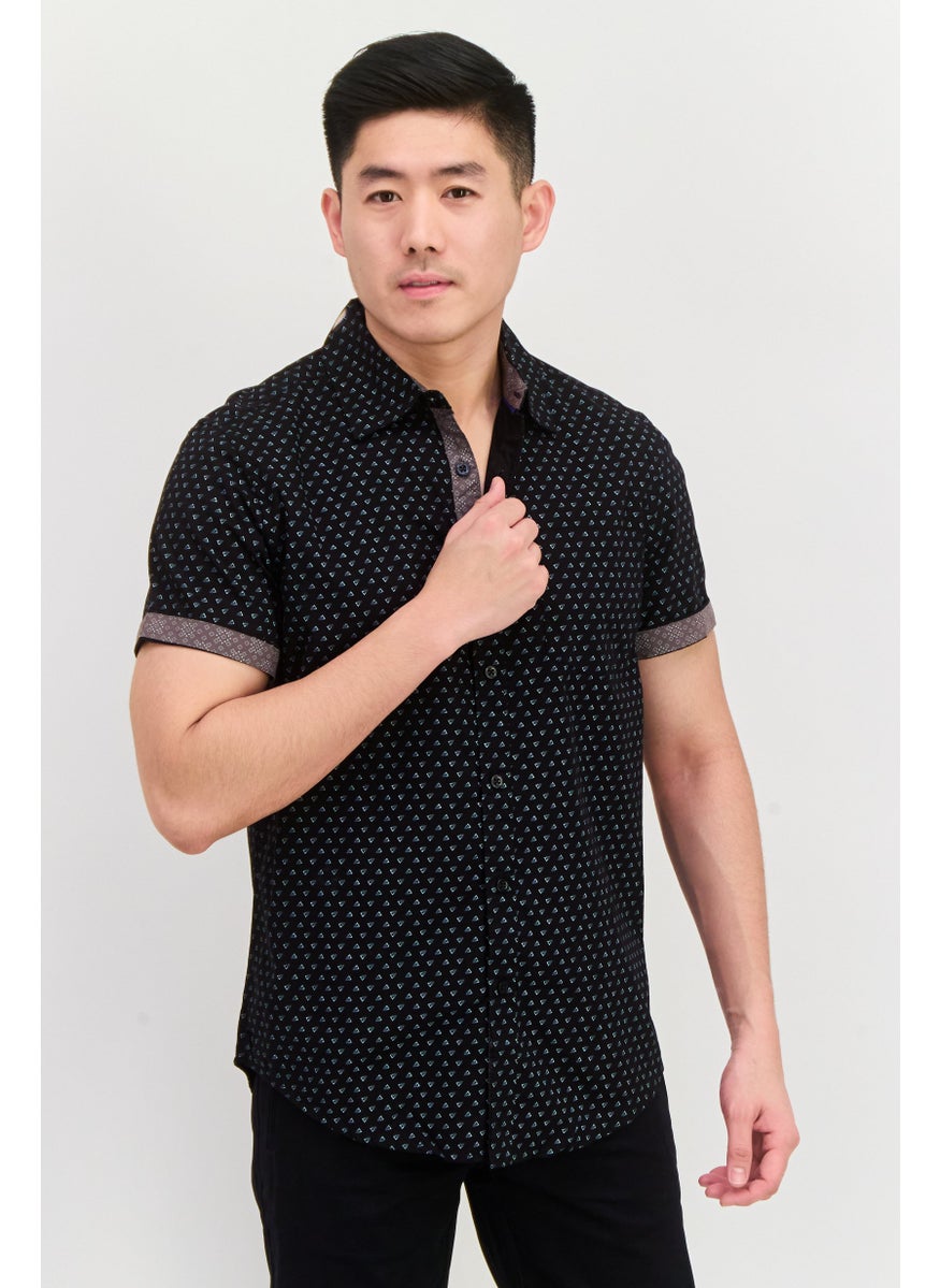 Men Regular Fit Allover Print Short Sleeves Casual Shirt, Black