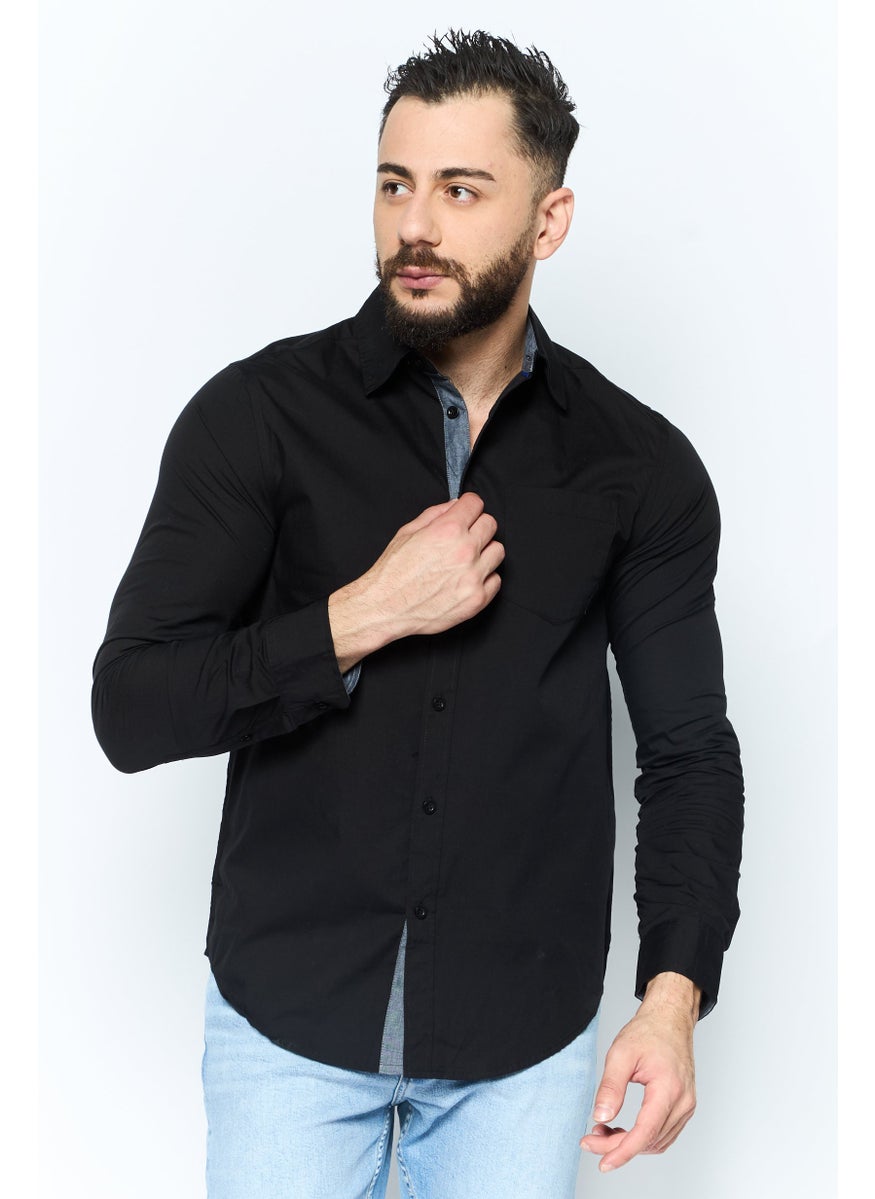 Men Regular Fit Chest Pocket Long Sleeve Casual Shirts, Black