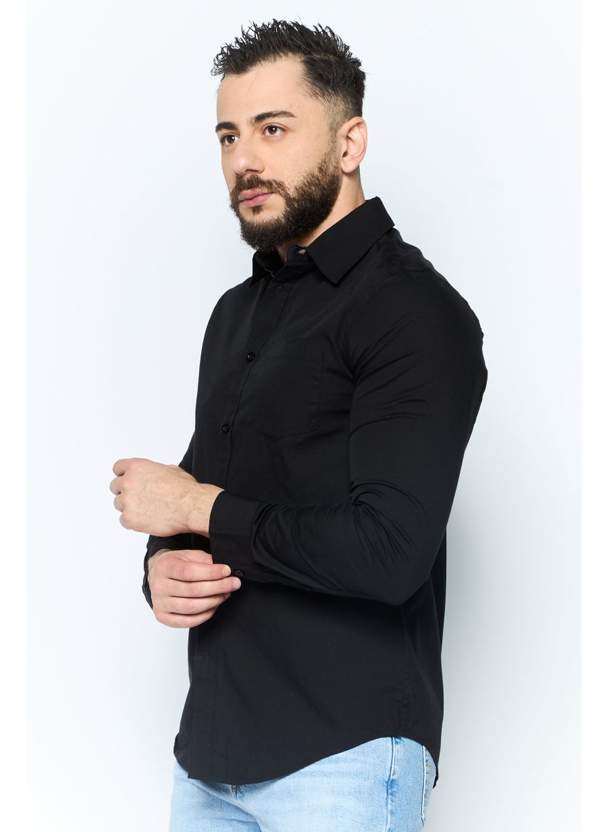 Men Regular Fit Chest Pocket Long Sleeve Casual Shirts, Black