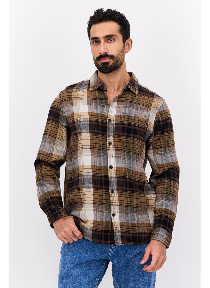 Men Regular Fit Plaid Long Sleeve Casual Shirt, Tan