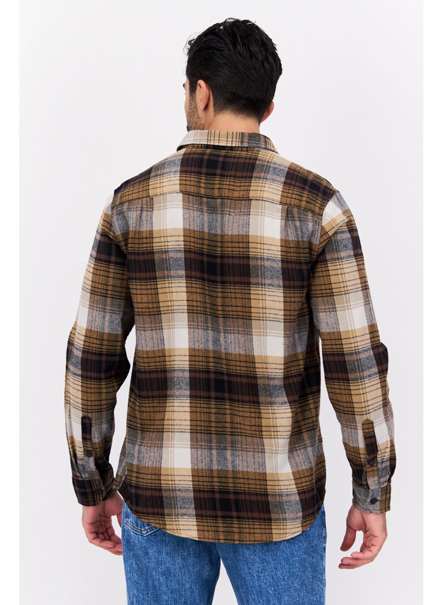 Men Regular Fit Plaid Long Sleeve Casual Shirt, Tan