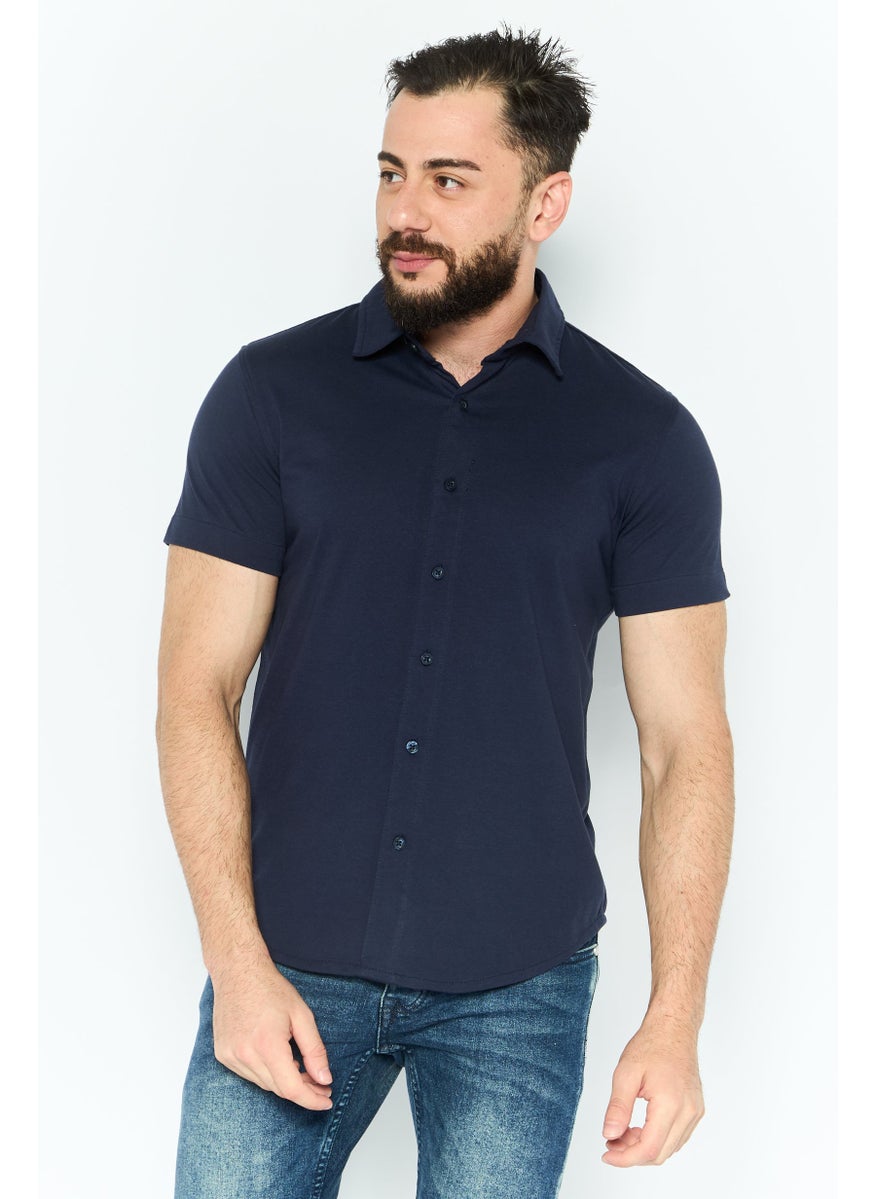 Men Regular Fit Plain Short Sleeve Casual Shirt, Navy