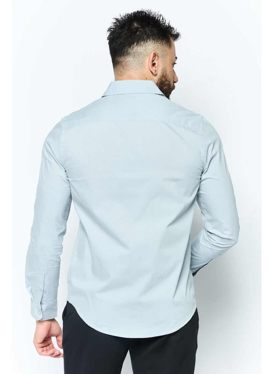 Men Regular Fit Plain Long Sleeve Casual Shirts, Pearl Blue