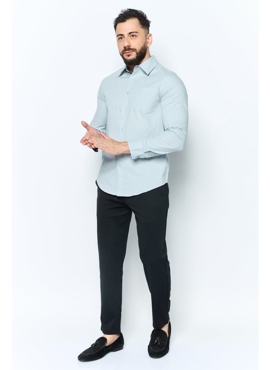 Men Regular Fit Plain Long Sleeve Casual Shirts, Pearl Blue