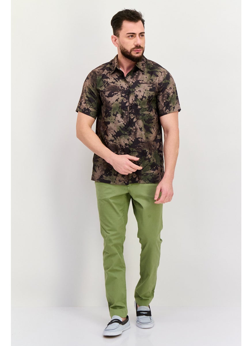 Men Regular Fit Camouflage Short Sleeves Casual Shirt, Olive Combo