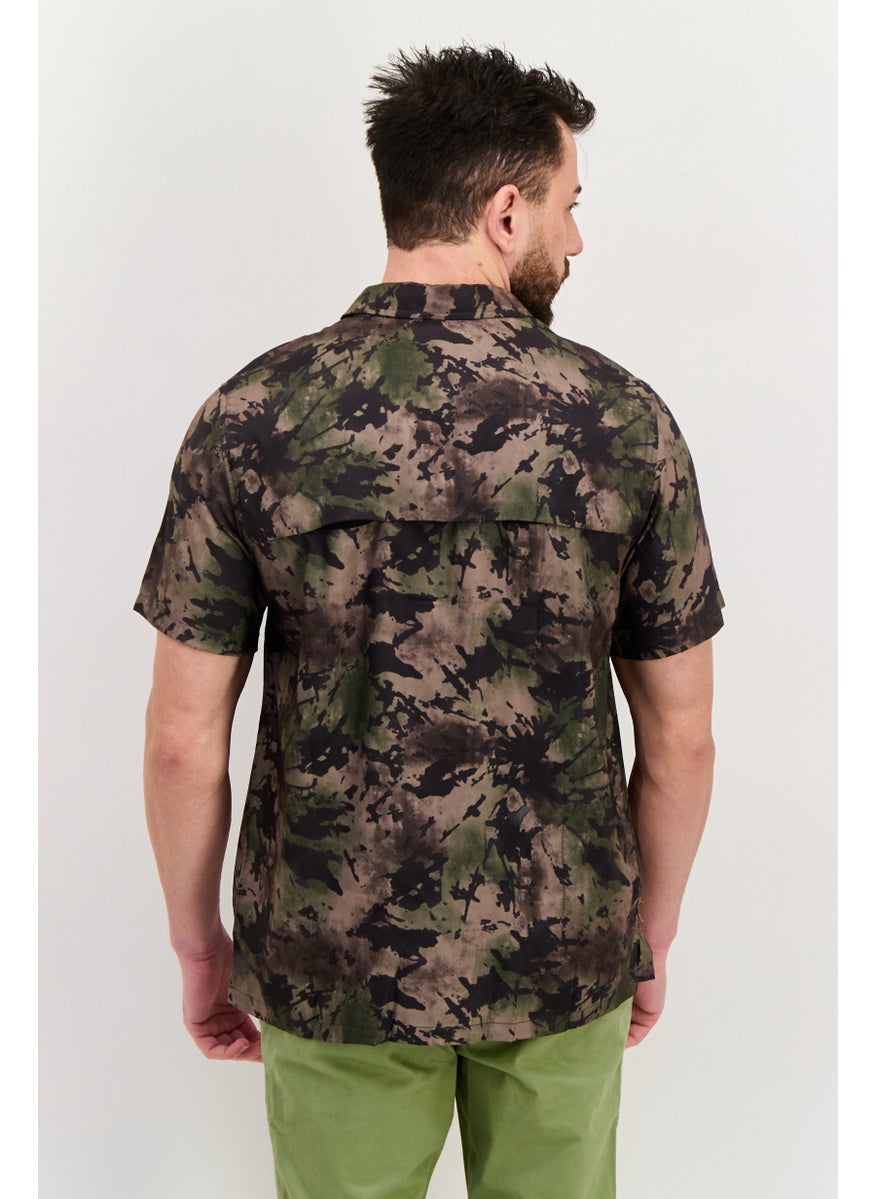 Men Regular Fit Camouflage Short Sleeves Casual Shirt, Olive Combo