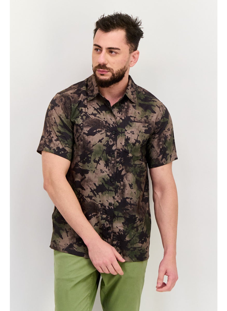 Men Regular Fit Camouflage Short Sleeves Casual Shirt, Olive Combo