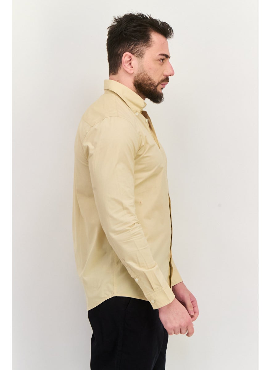 Men Regular Fit Embroidered Logo Long Sleeves Casual Shirt, Light Beige