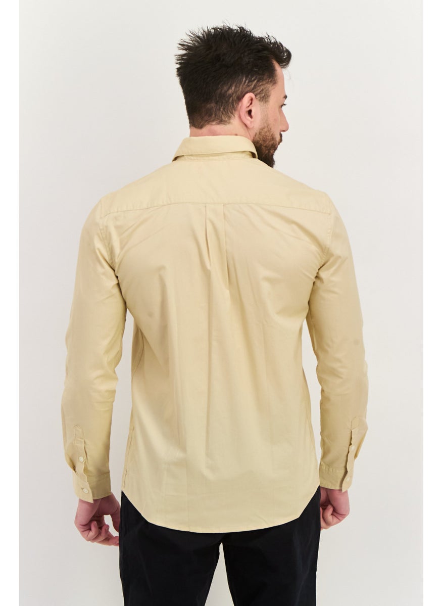 Men Regular Fit Embroidered Logo Long Sleeves Casual Shirt, Light Beige