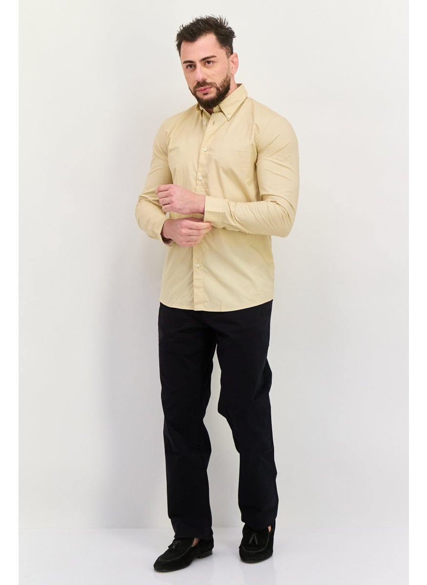 Men Regular Fit Embroidered Logo Long Sleeves Casual Shirt, Light Beige