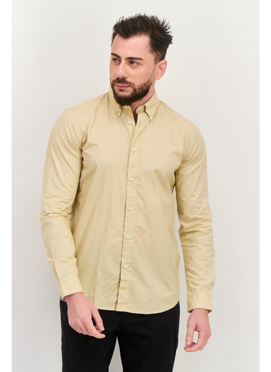 Men Regular Fit Embroidered Logo Long Sleeves Casual Shirt, Light Beige