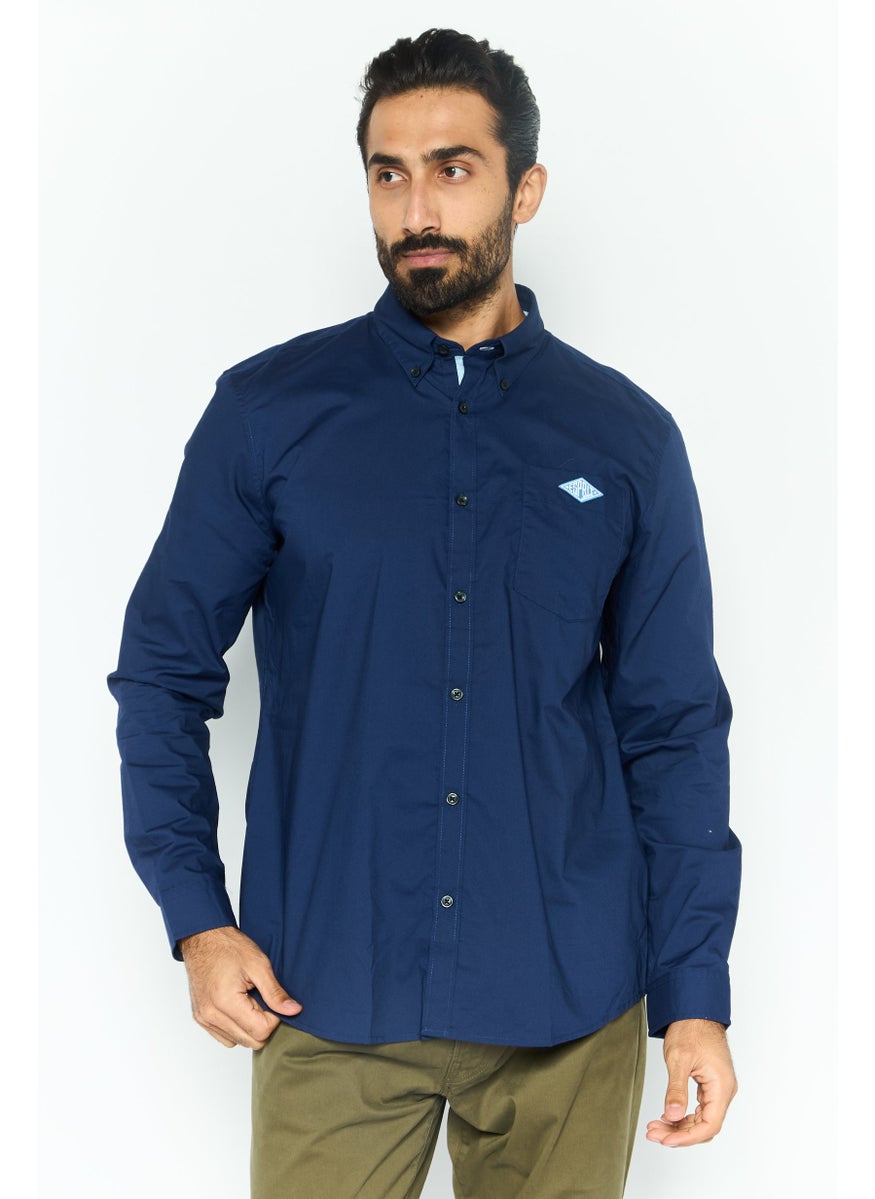 Men Regular Fit Solid Long Sleeves Casual Shirt, Navy