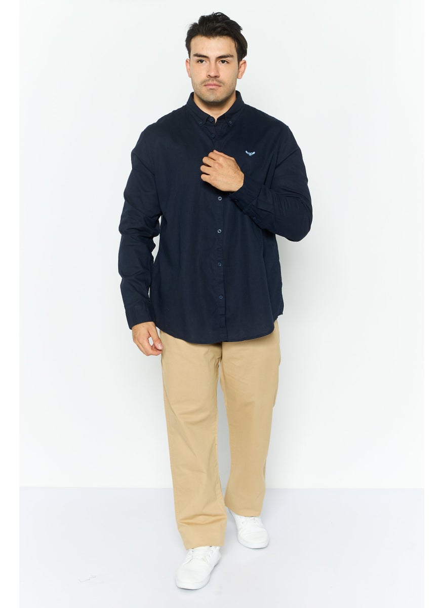 Men Regular Fit Long Sleeve Embroidered Logo Casual Shirt, Navy