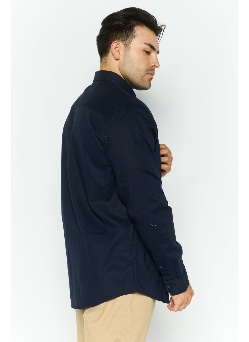 Men Regular Fit Long Sleeve Embroidered Logo Casual Shirt, Navy