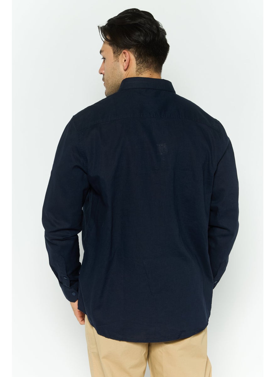 Men Regular Fit Long Sleeve Embroidered Logo Casual Shirt, Navy