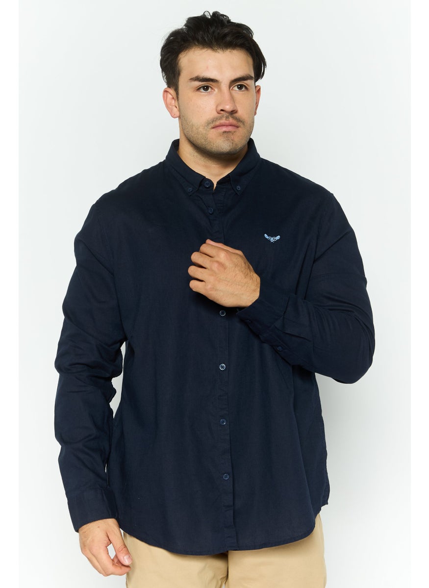 Men Regular Fit Long Sleeve Embroidered Logo Casual Shirt, Navy