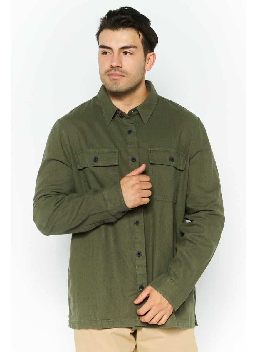 Men Regular Fit Solid Long Sleeves Casual Shirt, Khaki