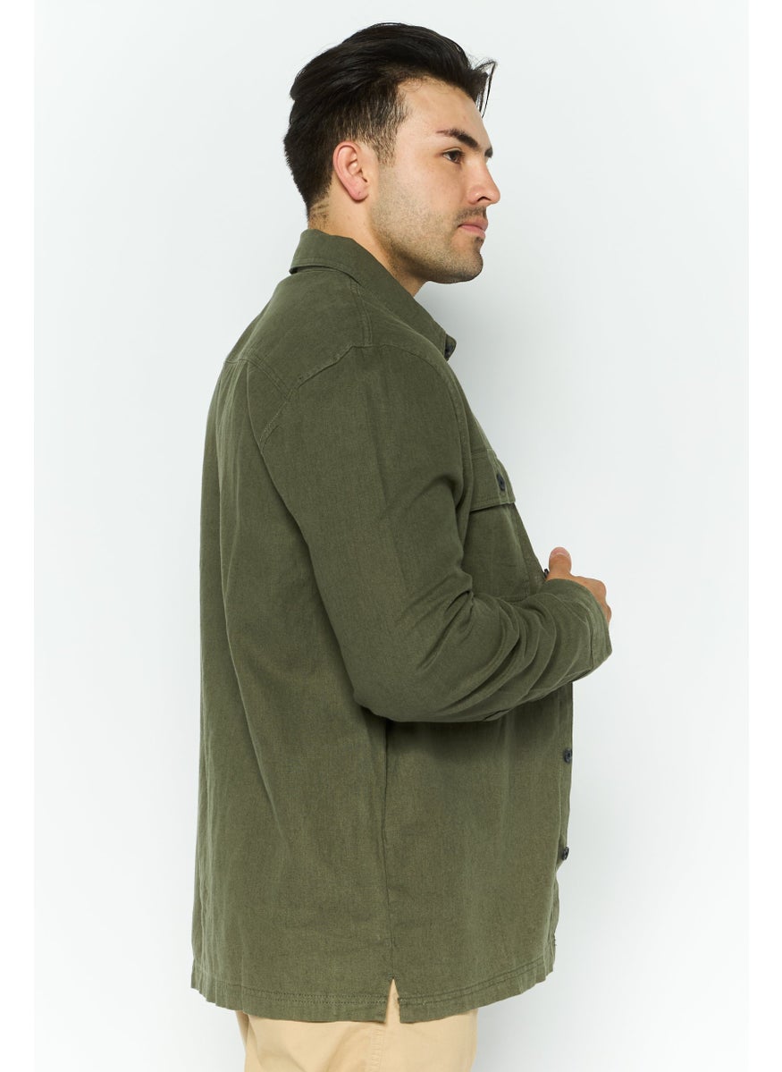 Men Regular Fit Solid Long Sleeves Casual Shirt, Khaki