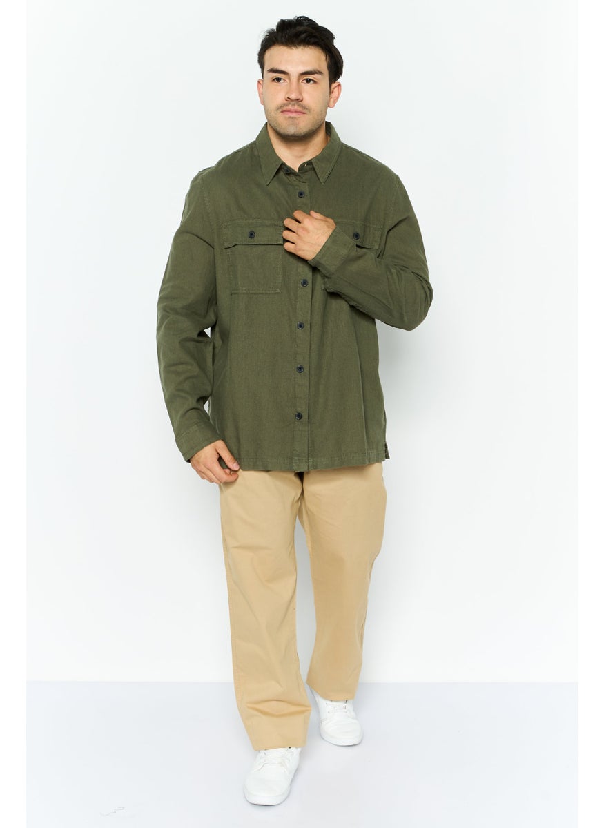 Men Regular Fit Solid Long Sleeves Casual Shirt, Khaki
