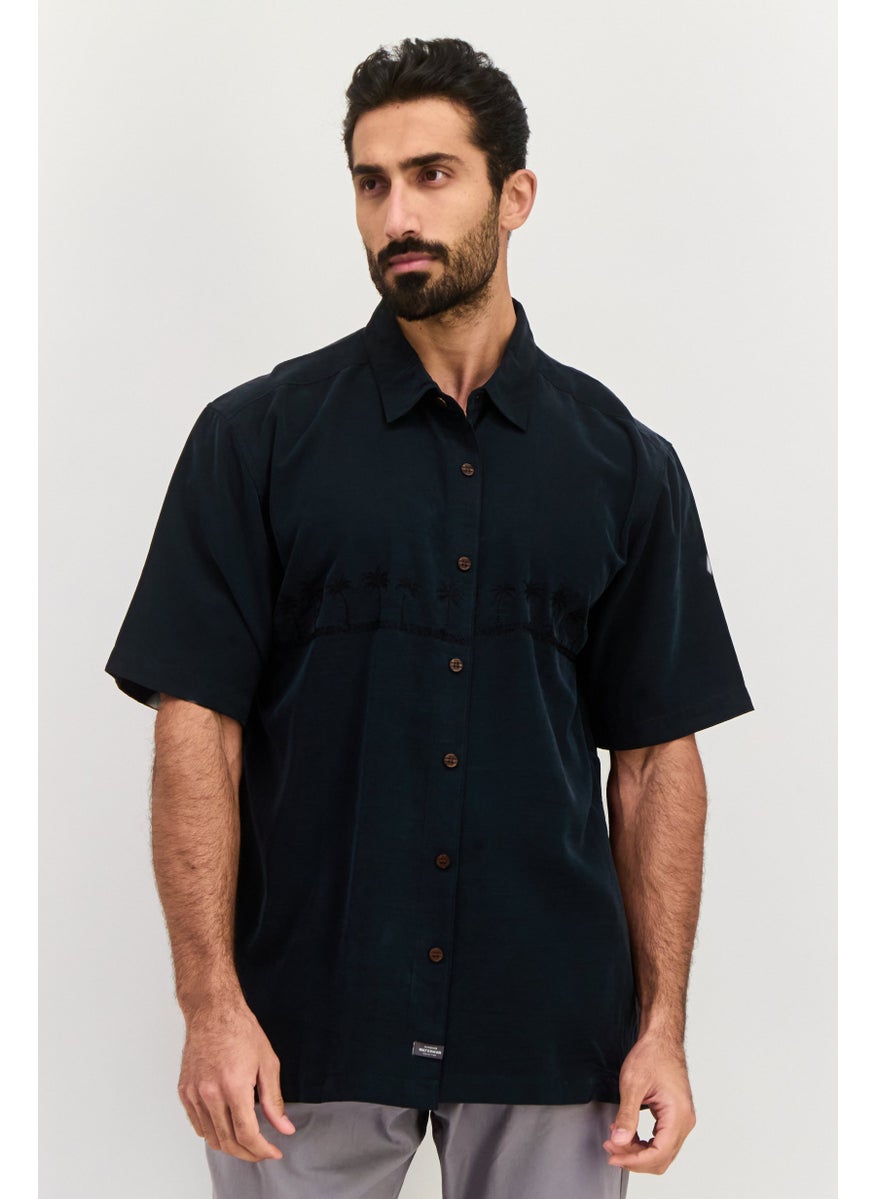 Men Regular Fit Embroidered Short Sleeve Casual Shirt, Black