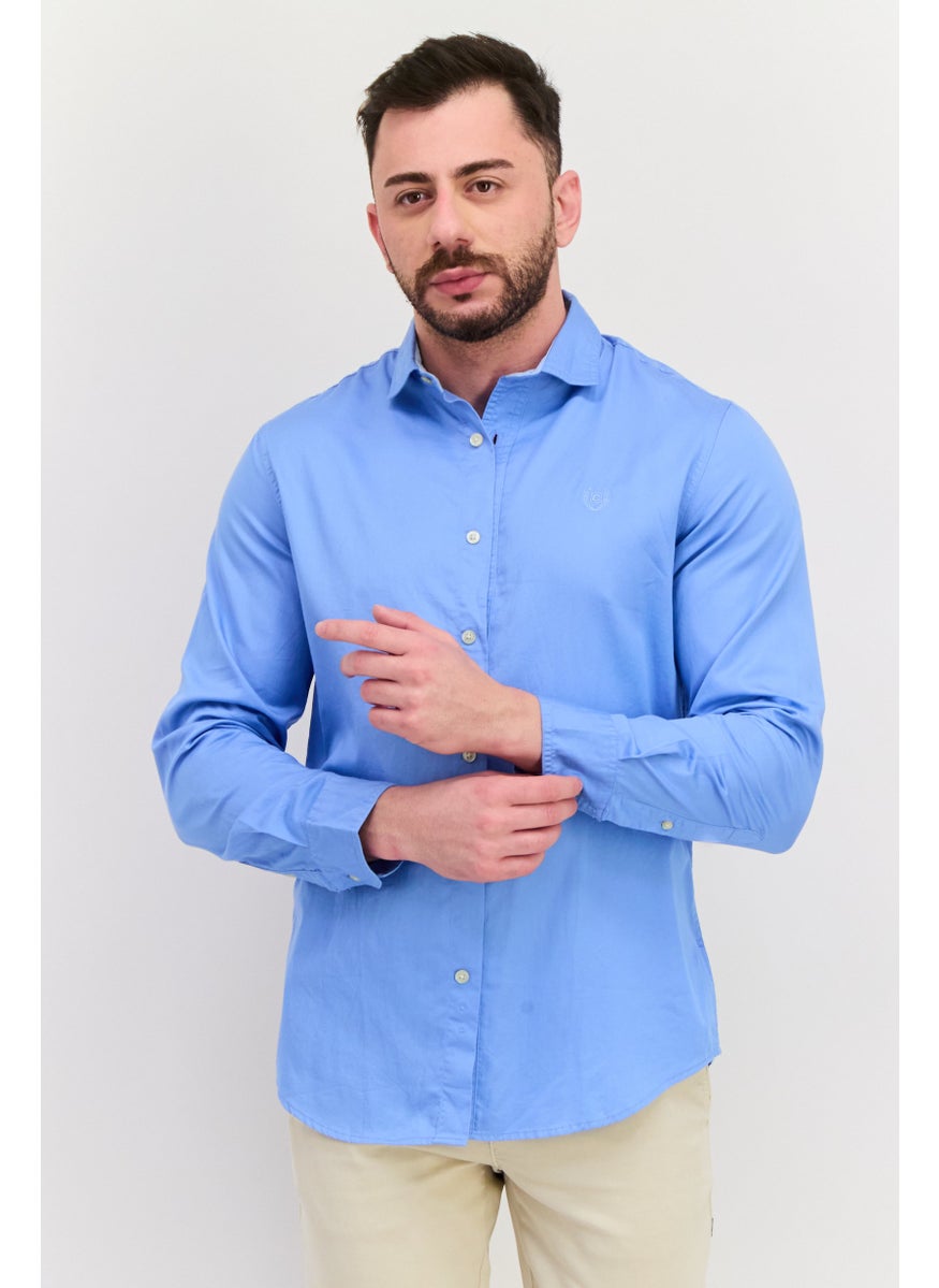 Men Custom Fit Embroidered Logo Long Sleeve Casual Shirt, Blue