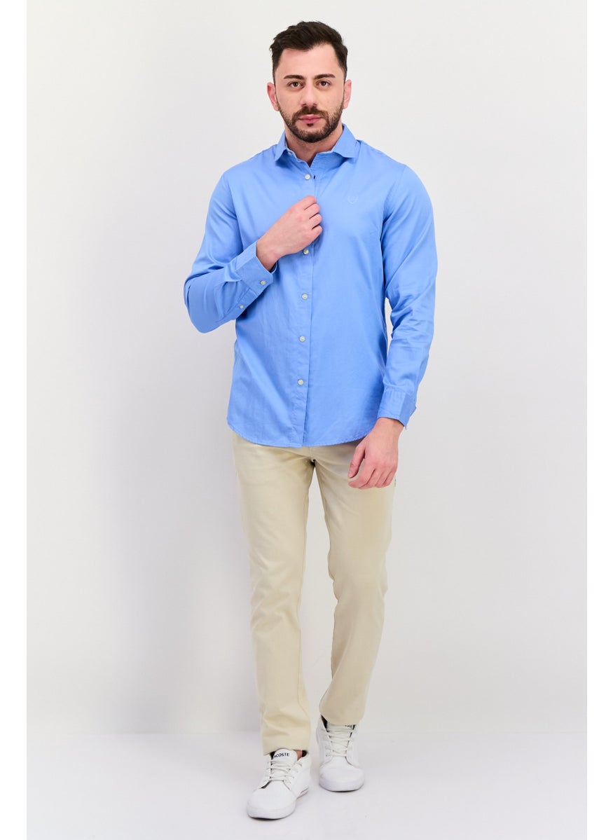 Men Custom Fit Embroidered Logo Long Sleeve Casual Shirt, Blue