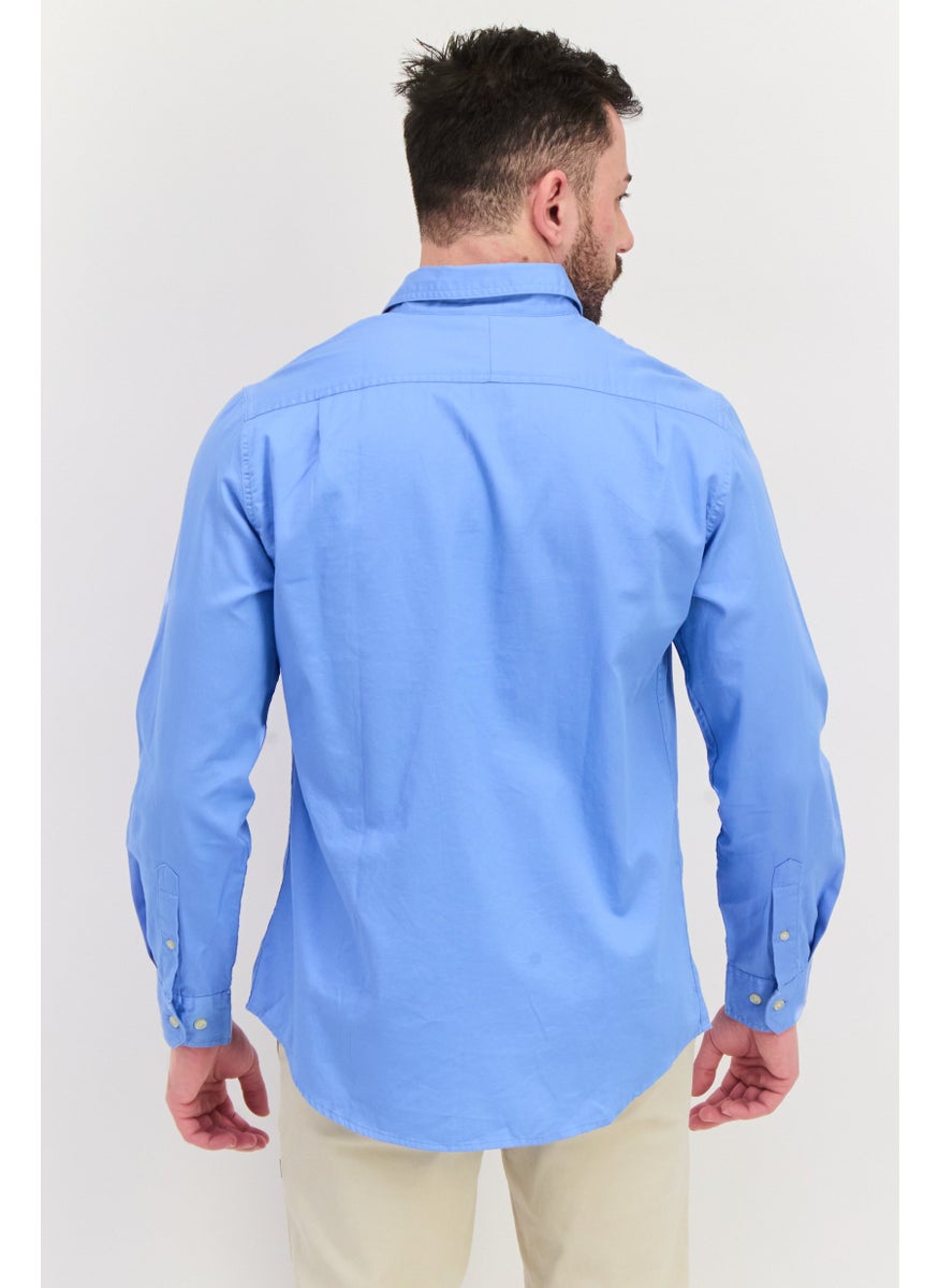 Men Custom Fit Embroidered Logo Long Sleeve Casual Shirt, Blue