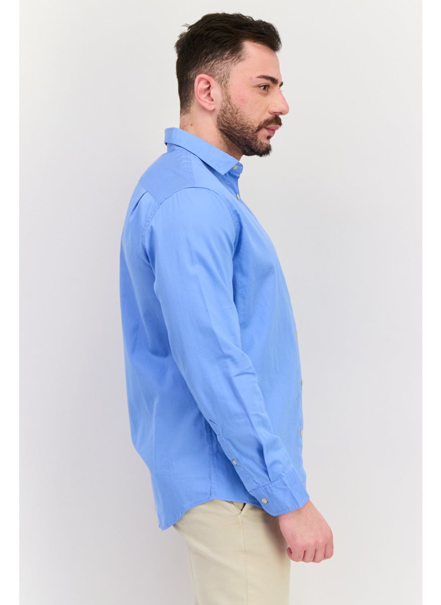 Men Custom Fit Embroidered Logo Long Sleeve Casual Shirt, Blue