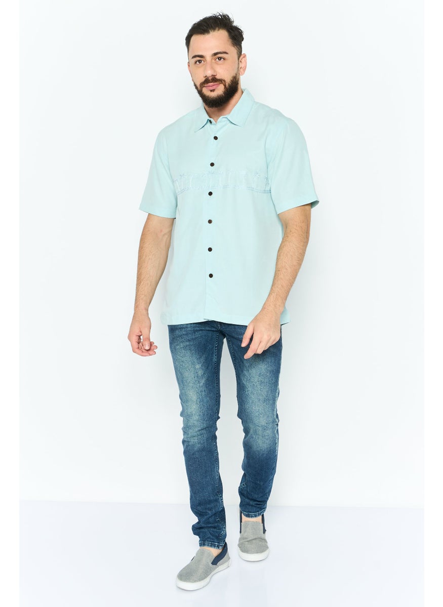 Men Regular Fit Embroidered Short Sleeve Casual Shirt, Turqioce