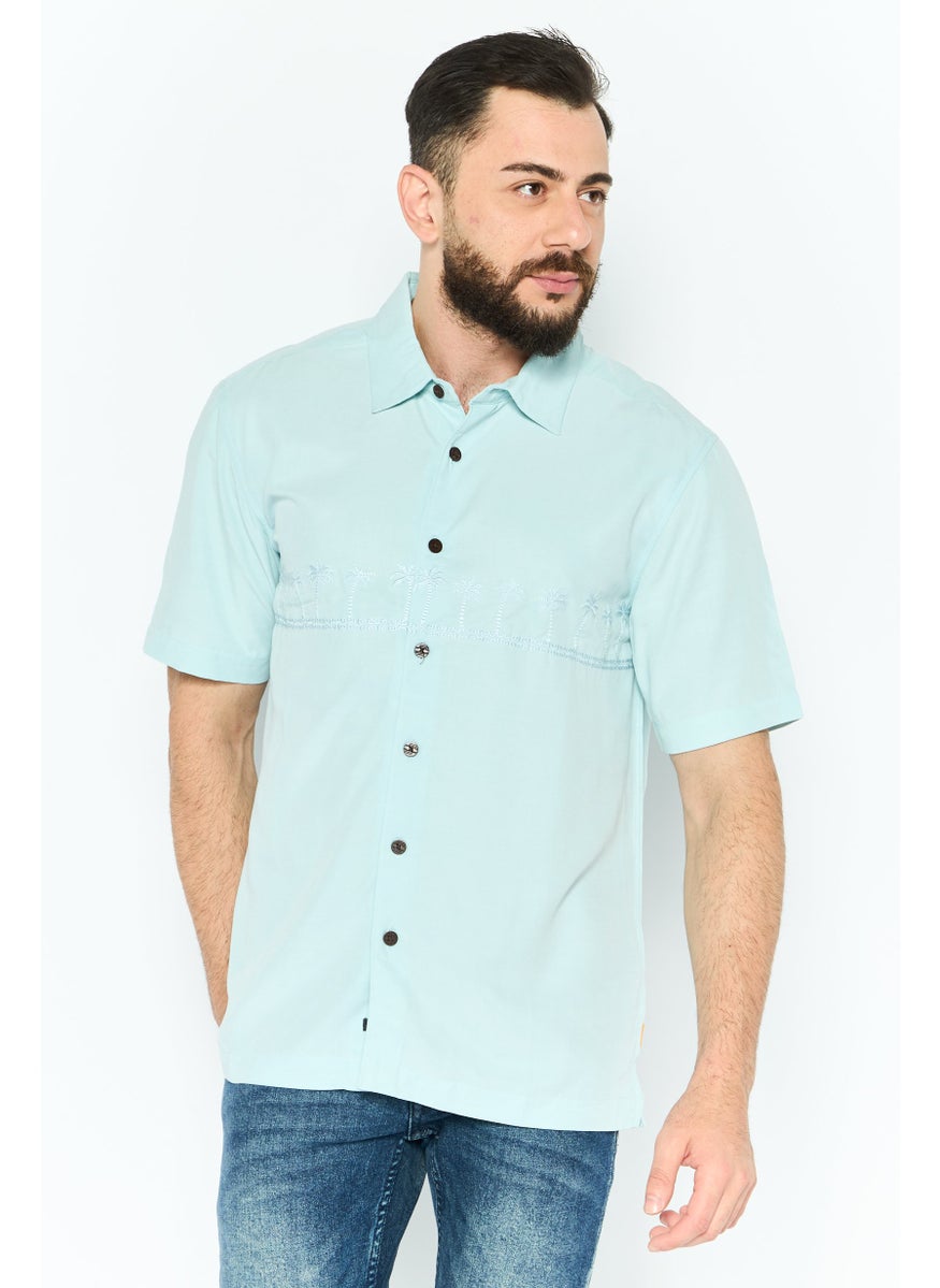 Men Regular Fit Embroidered Short Sleeve Casual Shirt, Turqioce