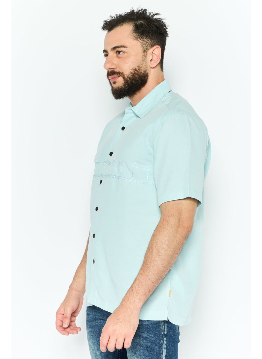 Men Regular Fit Embroidered Short Sleeve Casual Shirt, Turqioce