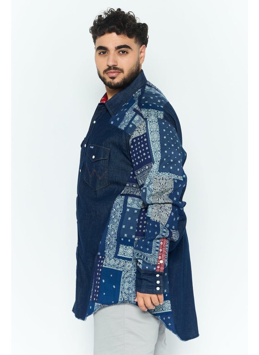 Men Regular Fit Allover Print Long Sleeves Casual Shirt, Navy Blue