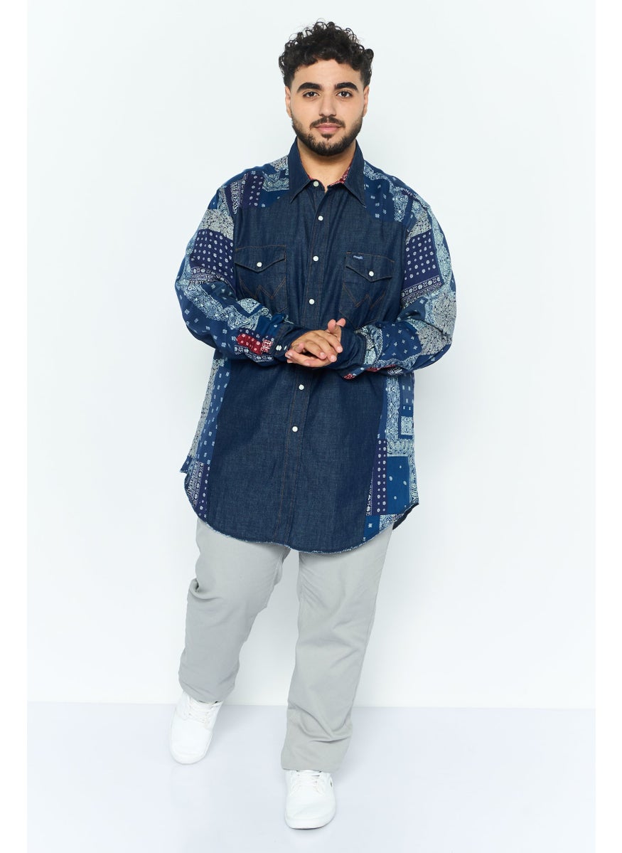 Men Regular Fit Allover Print Long Sleeves Casual Shirt, Navy Blue