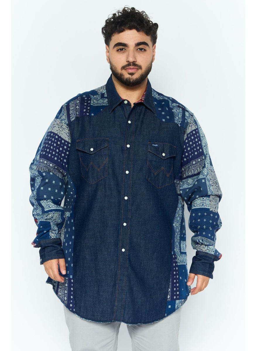 Men Regular Fit Allover Print Long Sleeves Casual Shirt, Navy Blue