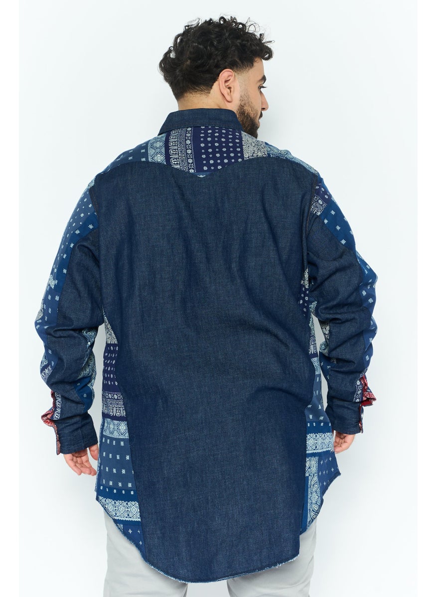 Men Regular Fit Allover Print Long Sleeves Casual Shirt, Navy Blue