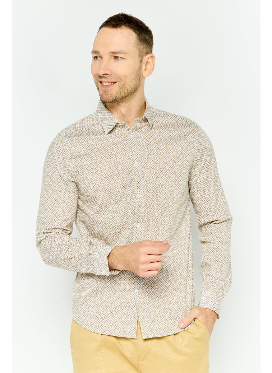 Men Regular Fit Monogram Print Long Sleeves Casual Shirt, Beige
