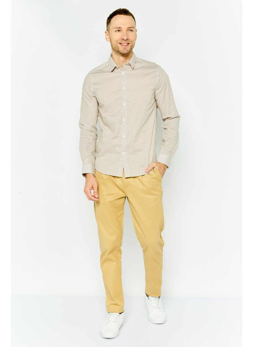 Men Regular Fit Monogram Print Long Sleeves Casual Shirt, Beige