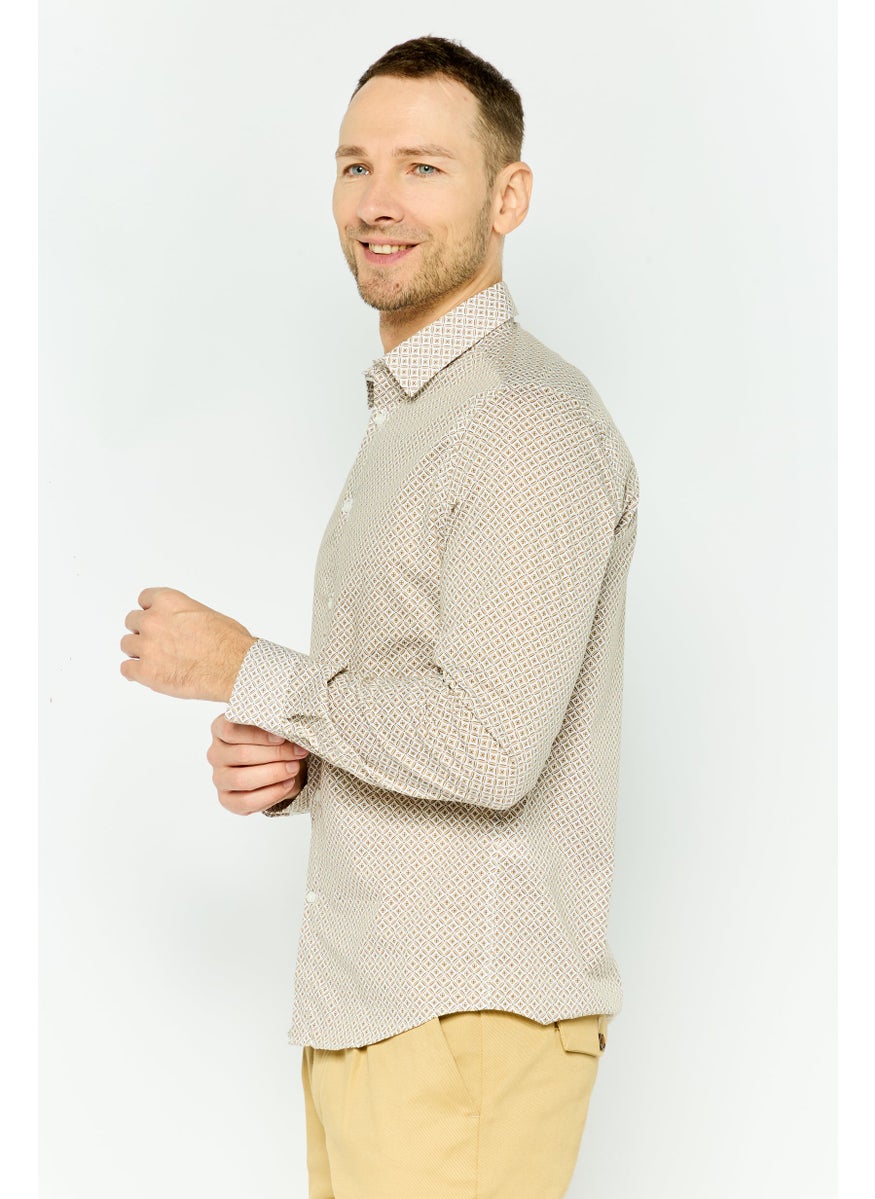 Men Regular Fit Monogram Print Long Sleeves Casual Shirt, Beige