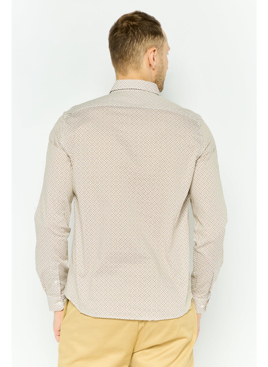 Men Regular Fit Monogram Print Long Sleeves Casual Shirt, Beige