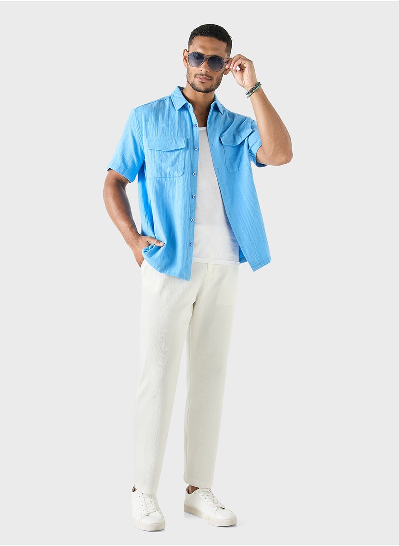 Textured Shirt with Short Sleeves and Front Pocket