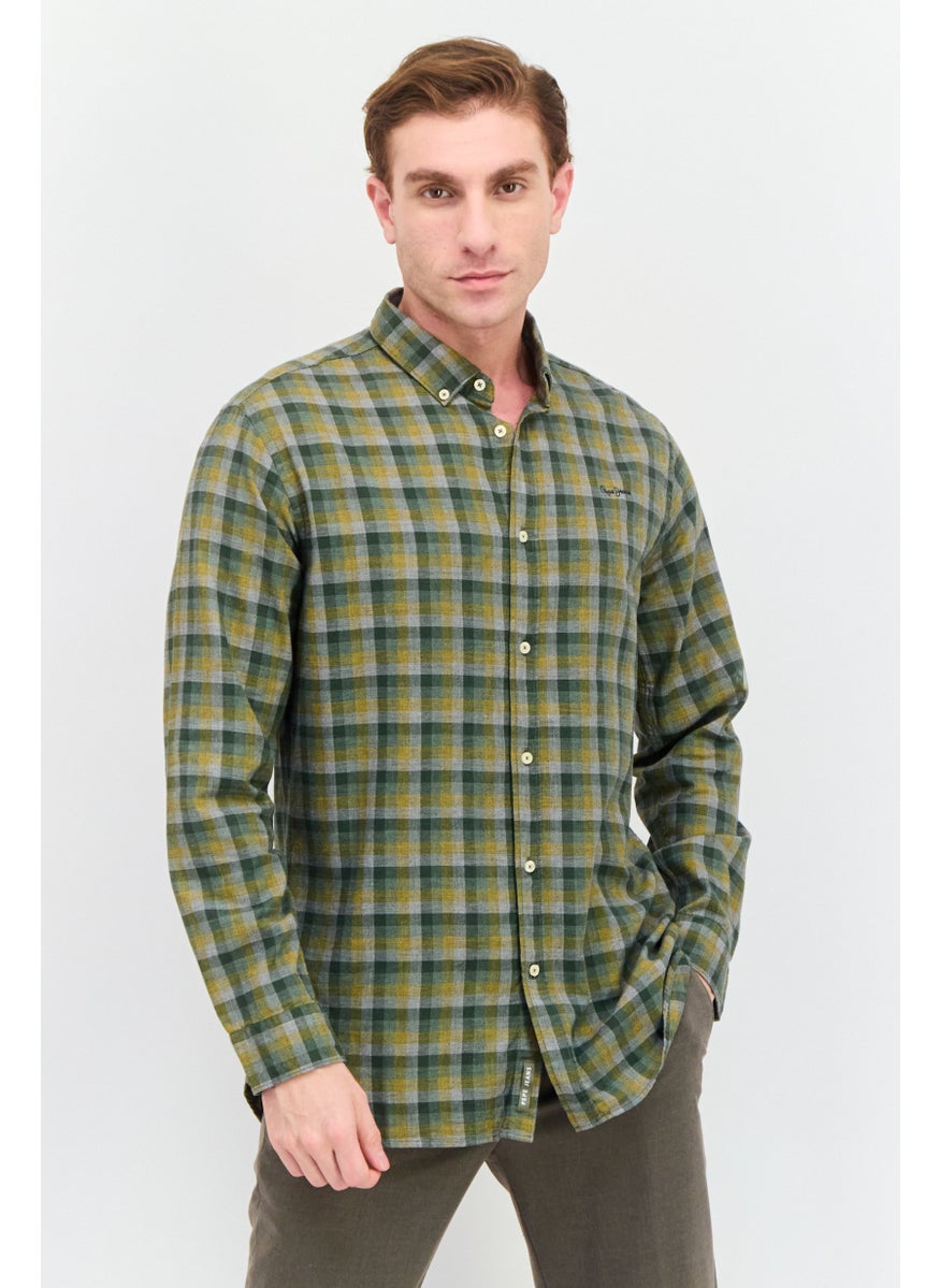 Men Regular Fit Brand Logo Long Sleeve Casual Shirt, Green Combo