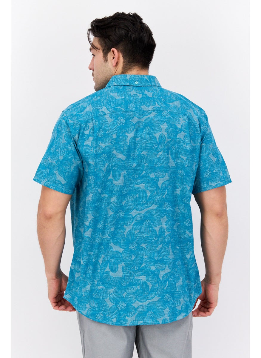 Men Regular Fit Short Sleeve Floral Casual Shirt, Teal Green
