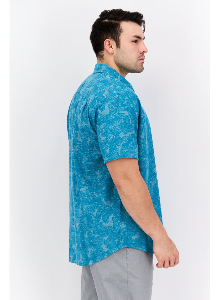 Men Regular Fit Short Sleeve Floral Casual Shirt, Teal Green