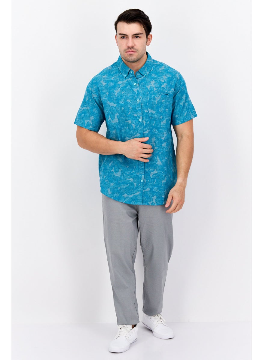 Men Regular Fit Short Sleeve Floral Casual Shirt, Teal Green